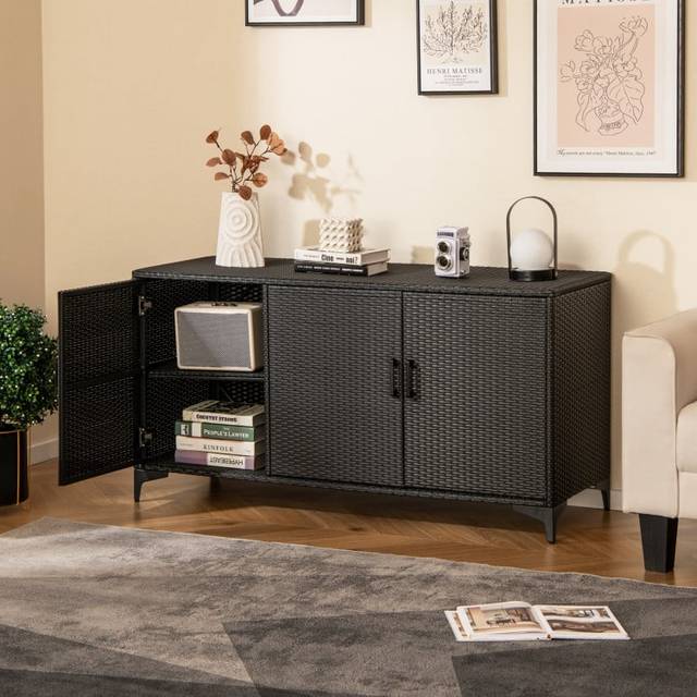 Costway Black Patio Wicker Storage Cabinet Deck Box with Removable Shelves 318L