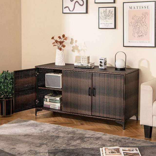 Costway Brown Patio Wicker Storage Cabinet Deck Box with Removable Shelves 318L