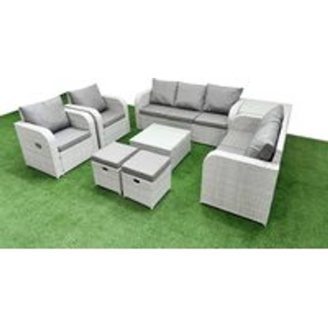 Fimous PE Rattan Garden Furniture Set Adjustable Chair Sofa Double Love Seat 2 Seater Sofa Lounge Set 2 Stools Side Table Light Grey