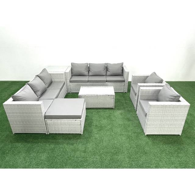 Fimous Outdoor Rattan Sofa Garden Furniture Set with 2 Armchairs Oblong Coffee Table Big Footstool Side Table Light Grey Mixed