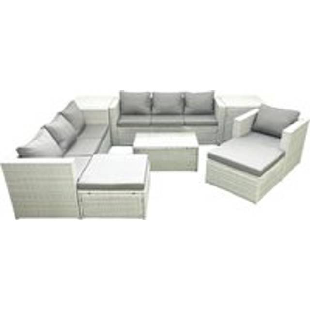 Wicker PE Rattan Sofa Garden Furniture Set with Armchair Oblong Coffee Table 2 Big Footstools 2 Side Tables Light Grey Mixed - One Size