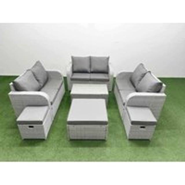 Fimous  8 Seater PE Wicker Rattan Furniture Sofa Sets with Rectangular Coffee Table 2 Seater Love Sofa 2 Stool 2 Side Table Light Grey