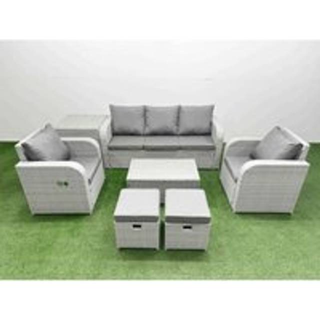 Fimous PE Rattan Garden Furniture Set Reclining Chair Sofa Lounge Sofa Set Oblong Coffee Table Side Table 2 Small Stools Light Grey