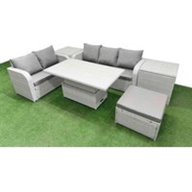 Fimous 6 Seater PE Rattan Wicker Garden Furniture Patio Conservatory Sofa Set with Adjustable Lifting Dining Table  Big Footstool 2 Side Table