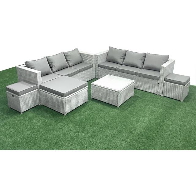 Fimous Rattan Garden Outdoor Furniture Set 9 Seater Rattan Garden Sofa Set with 3 Footstools Light Grey Mixed