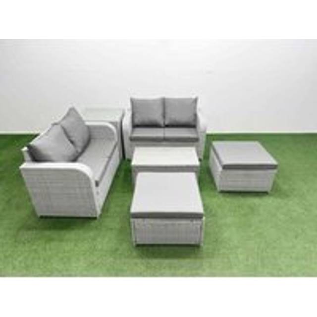 Fimous 6 Seater Outdoor Love Sofa Set Rattan Garden Furniture Set with Rectangular Coffee Table 2 Footstool Side Table Light Grey