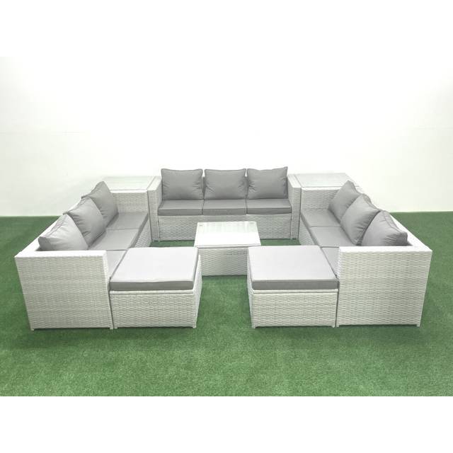 Fimous Rattan Garden Outdoor Furniture Set 11 Seater Rattan Garden Sofa Set with 2 Big Footstools 2 Side Tables Light Grey Mixed