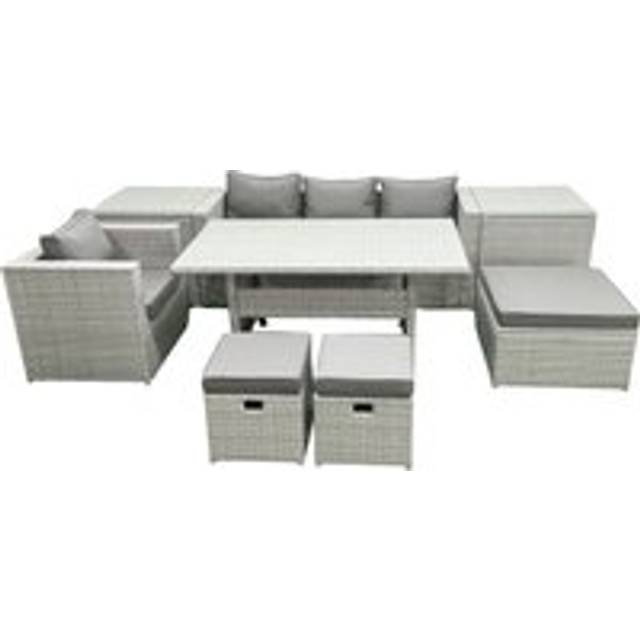 Fimous Rattan Garden Furniture Dining Set 7 Seater Lounge Sofa Chair Dining Table Set with 3 Footstools 2 Side Tables Light Grey Mixed
