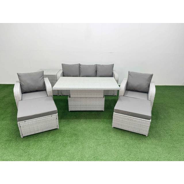 Lounge Sofa With 2 Reclining Chair, Adjustable Lifting Table, 2 Stool & Side Table | Wowcher - Grey
