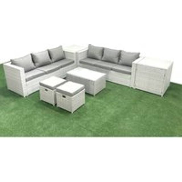 Fimous Garden Outdoor PE Rattan Furniture Set 8 Seater Rattan Garden Sofa Set with 2 Small Footstool 2 Side Tables Light Grey Mixed