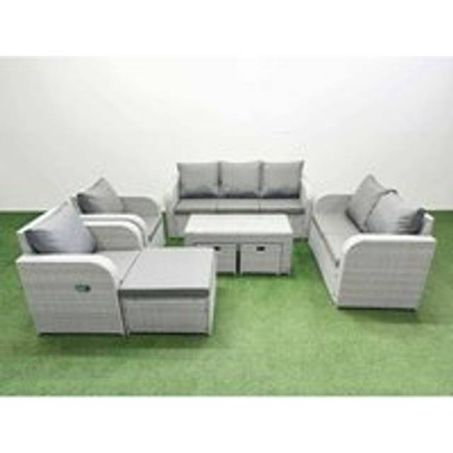 Fimous PE Rattan Garden Furniture Set Adjustable Chair Sofa Double Love Seat 2 Seater Sofa Lounge Set 3 Stools Light Grey