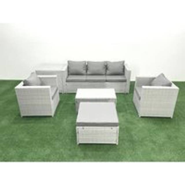 Rattan Garden Furniture Set with 3 Seater Sofa 2 Chair Rectangular Coffee Table Big Footstool Side Table Light Grey Mixed 6 Seater - One Size