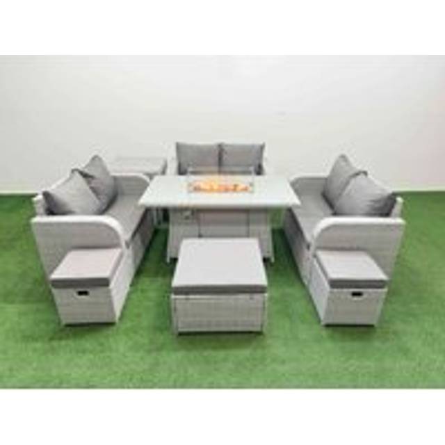 3 Loveseat Sofa With Firepit Dining Table, Side Table & 3 Stools | Wowcher - Grey