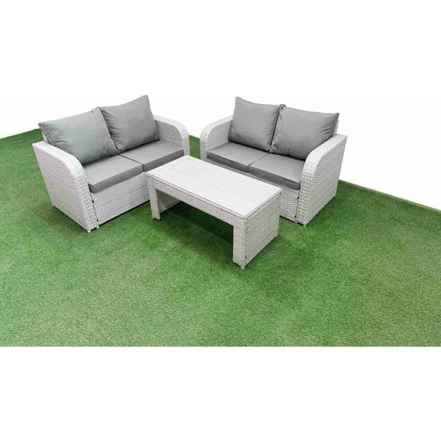 Fimous 4 Seater Outdoor Love Sofa Set Rattan Garden Furniture Set with Oblong Coffee Table Light Grey