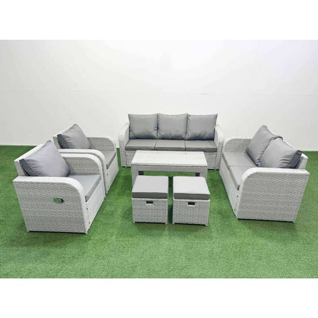 Fimous PE Rattan Garden Furniture Set Adjustable Chair Sofa Double Love Seat 2 Seater Sofa Lounge Set 2 Stools Light Grey