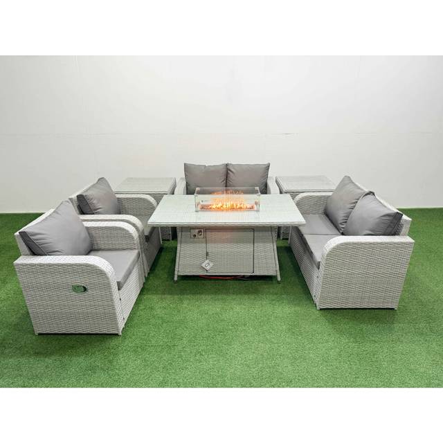 2 Loveseat Sofa With 2 Reclining Chair, Firepit Dining Table & 2 Side Table | Wowcher - Grey