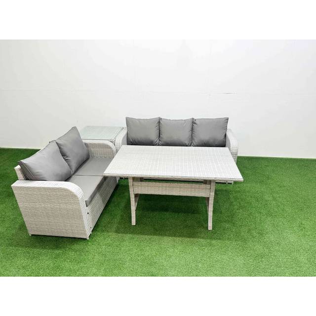 Fimous Fimous 5 Seater PE Rattan Wicker Garden Furniture Patio Conservatory Sofa Set With Rectangular Dining Table 3 Seater Sofa Love Sofa