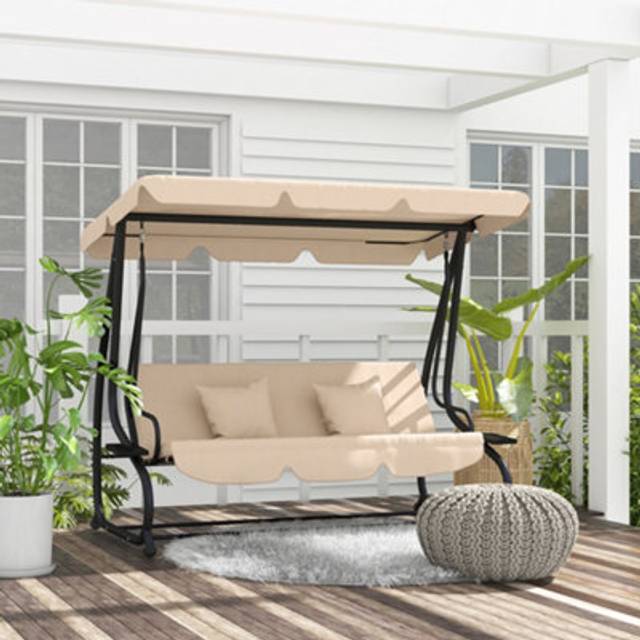 Outsunny 2-in-1 Garden Swing Chair for 3 Person w/ Adjustable Canopy Light Brown