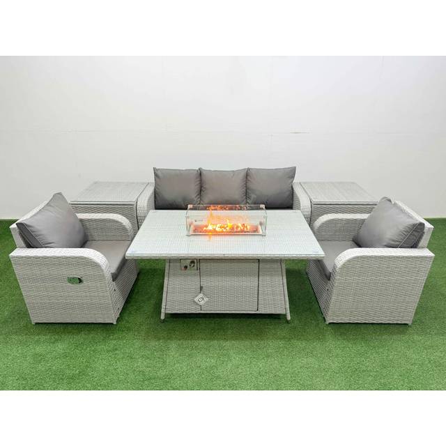 Lounge Sofa With 2 Reclining Chair, Firepit Dining Table & 2 Side Table | Wowcher - Grey