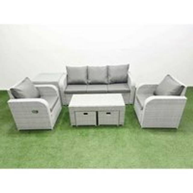 Fimous PE Rattan Garden Furniture Set Reclining Chair Sofa Lounge Sofa Set Side Table 2 Small Stools Light Grey