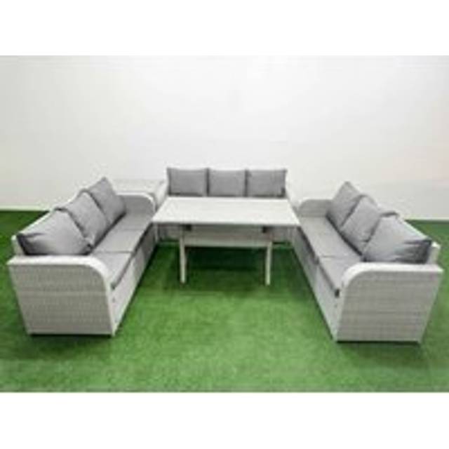 Pe Rattan Lounge Sofa Set 9 Seater Outdoor Garden Furniture Set with Rectangular Dining Table 3 Seater Sofa Side Table Light Grey - Fimous