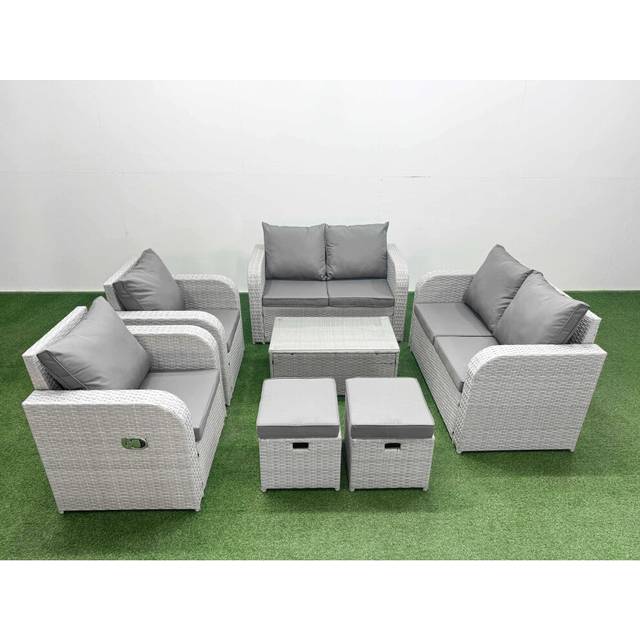 Fimous 8 Seater Outdoor Reclining Chair Love Sofa Set Rattan Garden Furniture Set with Rectangular Coffee Table 2 Stools