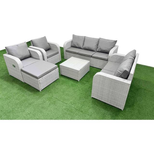 Fimous PE Rattan Garden Furniture Set Adjustable Chair Sofa Double Love Seat 2 Seater Sofa Lounge Set Big Footstool Light Grey