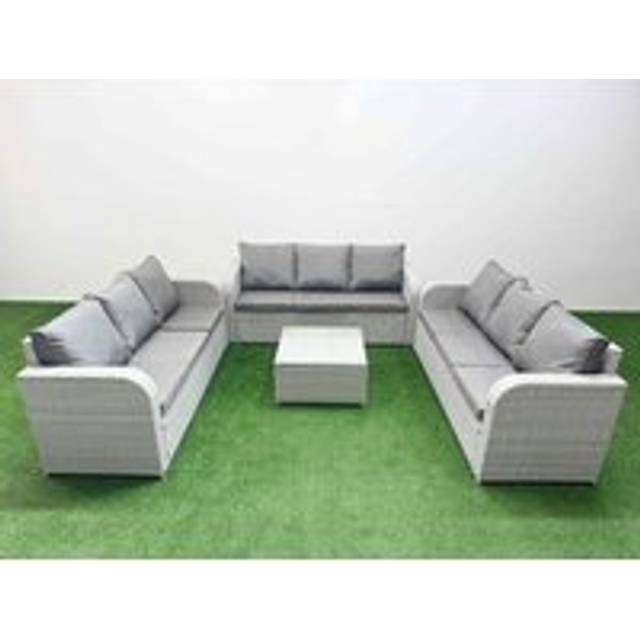 Fimous PE Rattan Lounge Sofa Set 9 Seater Outdoor Garden Furniture Set with Square Coffee Table 3 Seater Sofa Light Grey