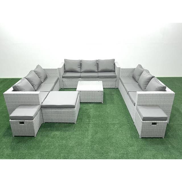 Fimous - Rattan Garden Outdoor Furniture Set 12 Seater Rattan Garden Sofa Set with 3 Footstools Light Grey Mixed