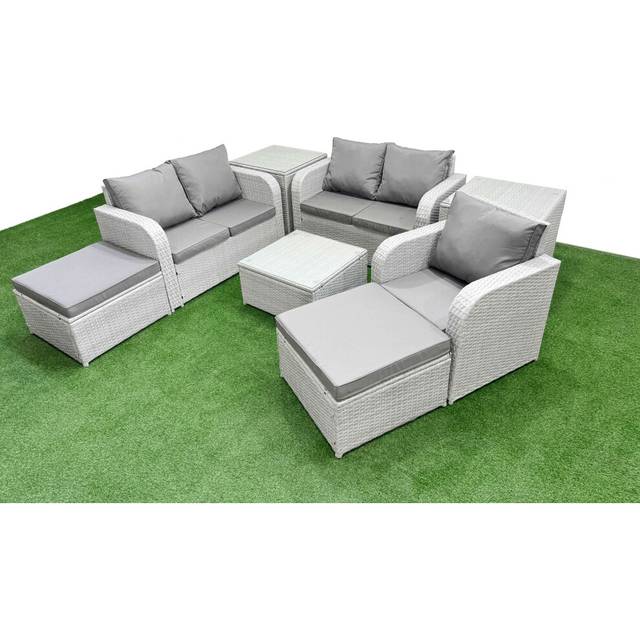 Fimous High Back Poly Rattan Garden Furniture Set with Reclining Chair Loveseat Sofa Indoor Outdoor Patio  Set 2 Big Stool 2 Side Table