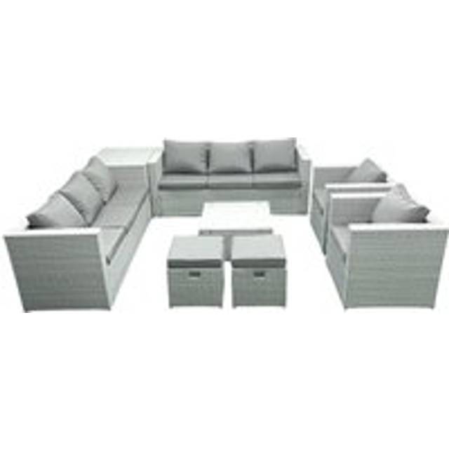 Outdoor Rattan Sofa Garden Furniture Set with 2 Armchairs Square Coffee Table 2 Small Footstools Side Table Light Grey Mixed - One Size