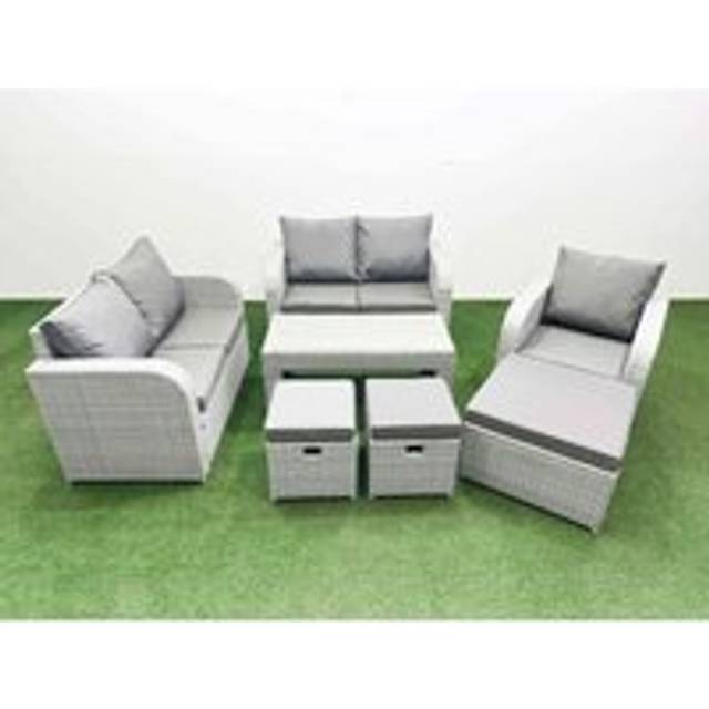 Fimous High Back Poly Rattan Garden Furniture Set with Reclining Chair Loveseat Sofa Indoor Outdoor Patio  Set 3 Stools