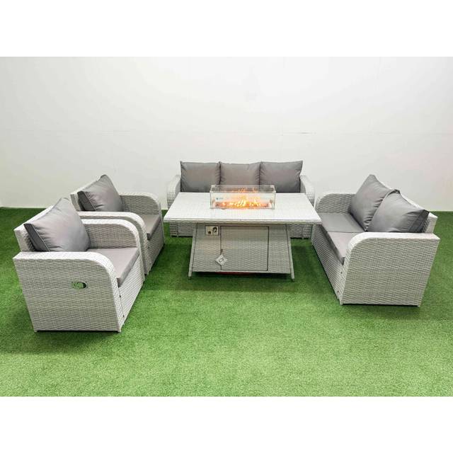 7-Seater Garden Sofa Dining Set Firepit Table & Reclining Chair | Wowcher - Grey
