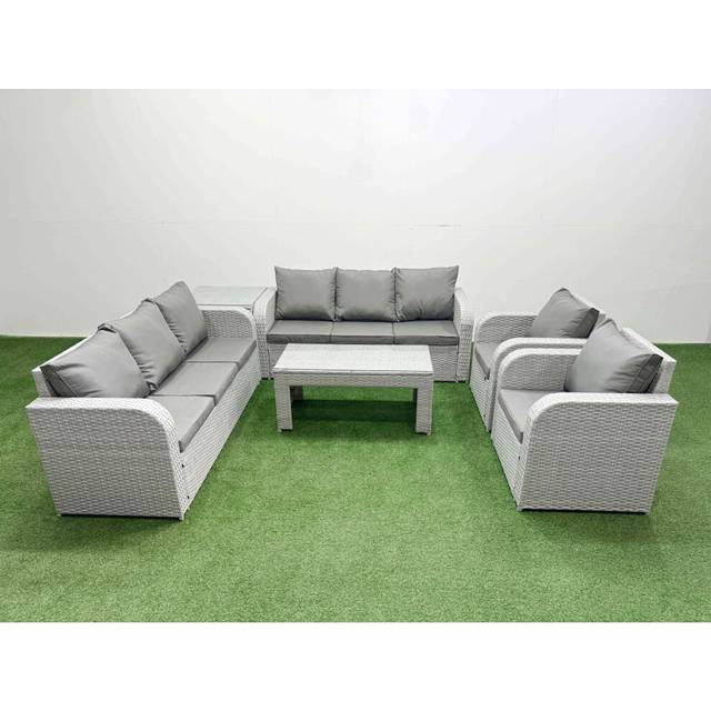 Fimous PE Rattan High Back Lounge Sofa Set Patio Oblong Coffee Table & Chairs Set with Side Table Light Grey