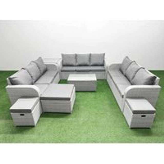 Pe Rattan Lounge Sofa Set 12 Seater Outdoor Garden Furniture Set with Rectangular Coffee Table 3 Seater Sofa 3 Stools Side Table Light Grey - Fimous