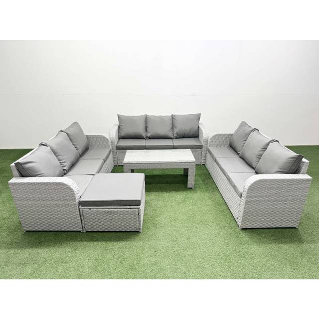 Pe Rattan Lounge Sofa Set 10 Seater Outdoor Garden Furniture Set with Oblong Coffee Table 3 Seater Sofa Big Footstool Light Grey - Fimous