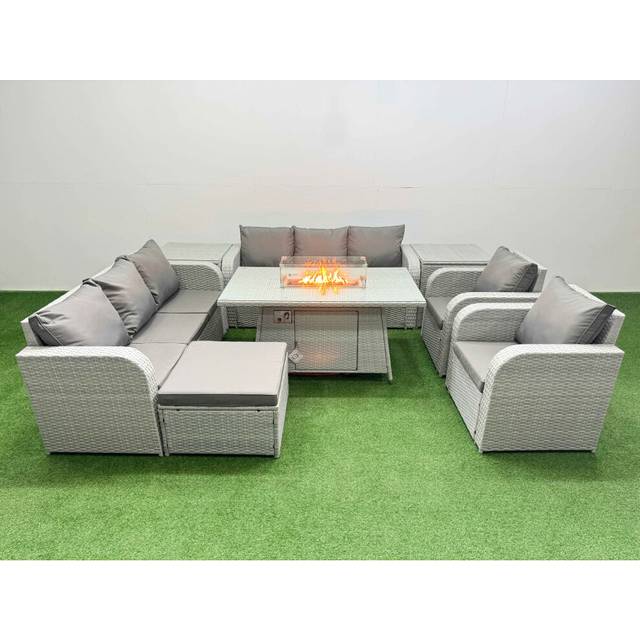 2 3-Seater Sofa With Firepit Dining Table, Stool & 2 Side Table | Wowcher - Grey