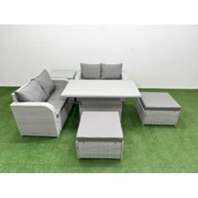 2 Love Sofas With Adjustable Lifting Dining Table, 2 Big Footstools & Side Table | Wowcher - Grey