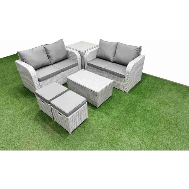 Fimous 6 Seater Outdoor Love Sofa Set Rattan Garden Furniture Set with Rectangular Coffee Table 2 Small Stools Side Table Light Grey
