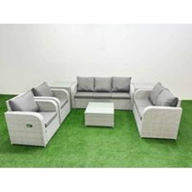 Pe Rattan Garden Furniture Set Adjustable Chair Sofa Double Love Seat 2 Seater Sofa Lounge Set Square Coffee Table 2 Side Table Light Grey - Fimous