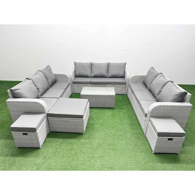 Pe Rattan Lounge Sofa Set 12 Seater Outdoor Garden Furniture Set with Rectangular Coffee Table 3 Seater Sofa 3 Stools Light Grey - Fimous