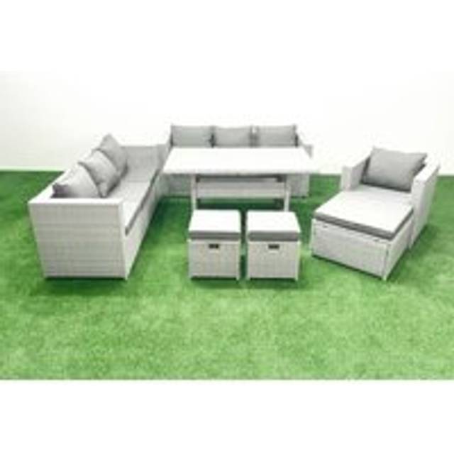 7 Pieces Outdoor Rattan Sofa Set with Cushions Patio Garden Furniture Sets with Armchair Dining Table 3 Footstools - Fimous
