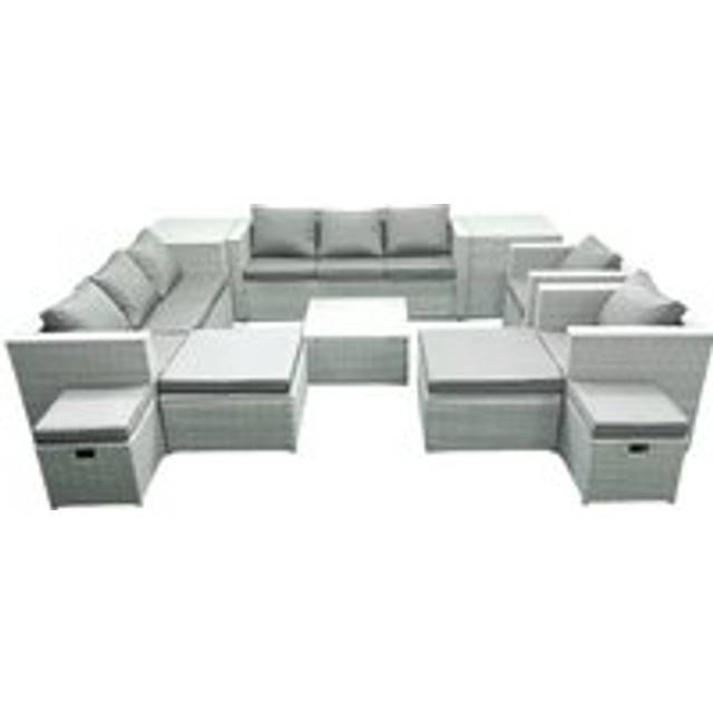 Garden Outdoor Furniture Set 12 Seater Rattan Sofa Set with 4 Footstools 2 Side Tables Light Grey Mixed - One Size
