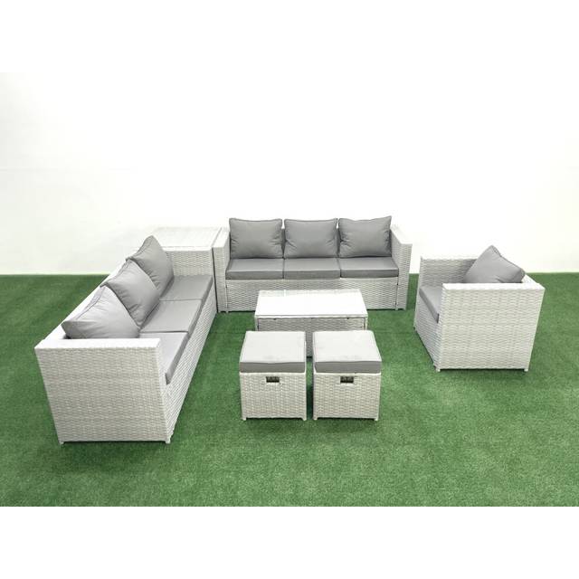 Wicker PE Rattan Sofa Garden Furniture Set with Armchair Oblong Coffee Table 2 Small Footstools Side Table Light Grey Mixed - One Size