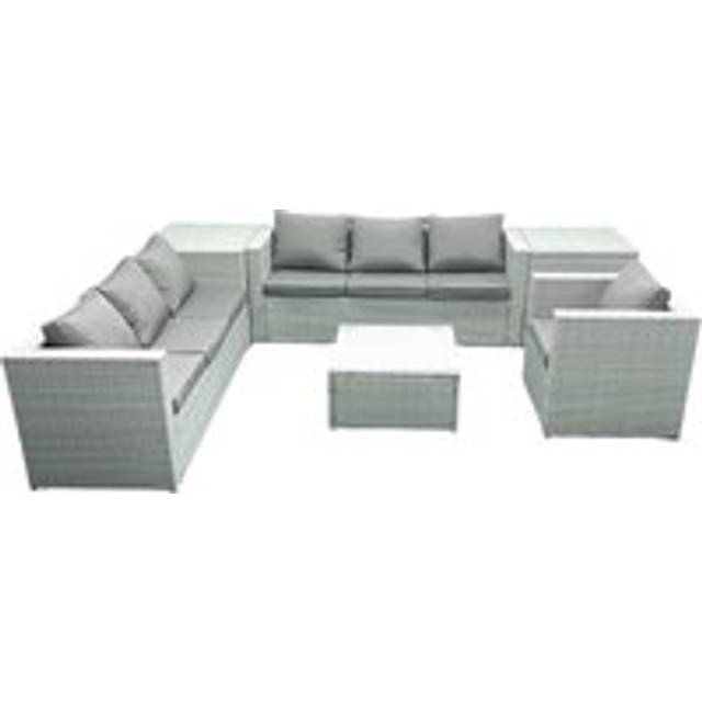 Fimous Wicker PE Rattan Sofa Garden Furniture Set with Armchair Square Coffee Table 2 Side Tables Light Grey Mixed