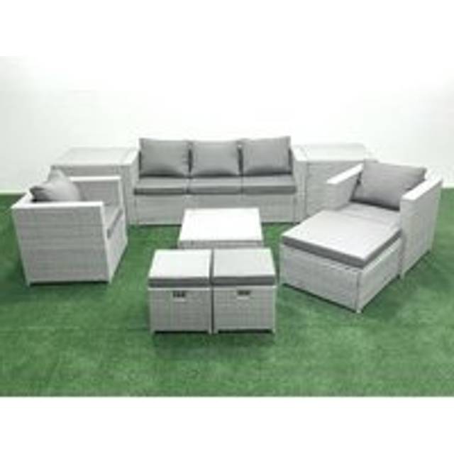 Rattan Garden Outdoor Furniture Sofa Set with Square Coffee Table 2 Chairs 3 Footstools 2 Side Tables Light Grey Mixed - One Size