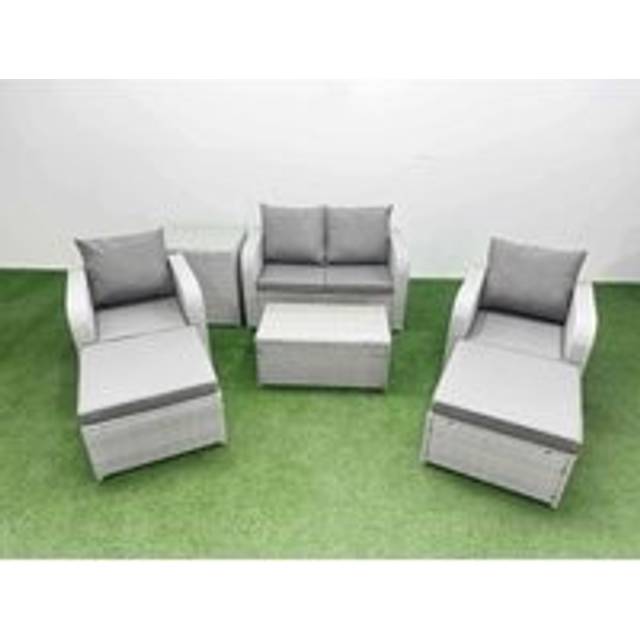 Light Grey pe Wicker Rattan Garden Furniture Set Sofa Set Reclining Adjustable Chair Rectangular Coffee Table 6 Seater 2 Big Stools Side Table
