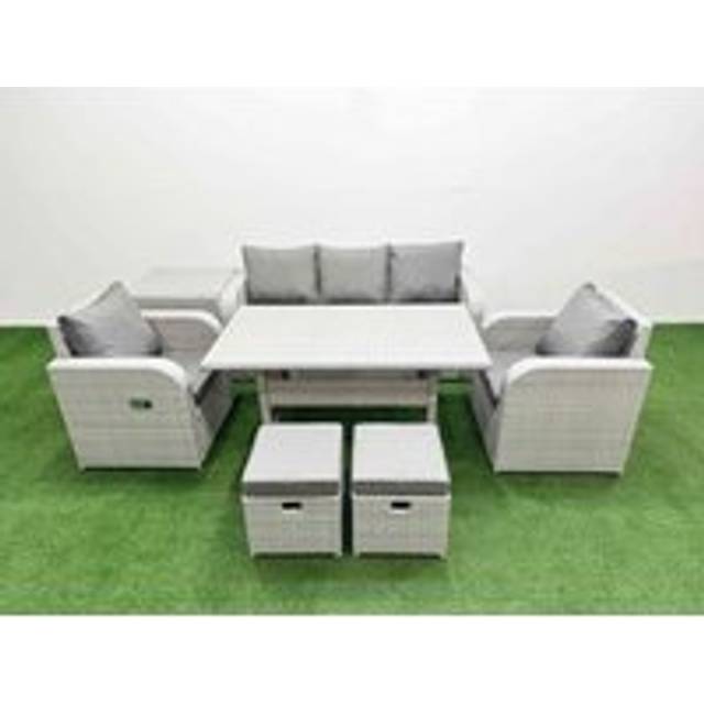 Fimous PE Rattan Garden Furniture Set Reclining Chair Sofa Lounge Sofa Set Rectangular Dining Table Side Table 2 Small Stools Light Grey