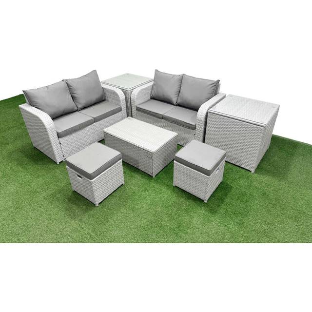Fimous 6 Seater Outdoor Love Sofa Set Rattan Garden Furniture Set with Rectangular Coffee Table 2 Small Stools 2 Side Tables Light Grey