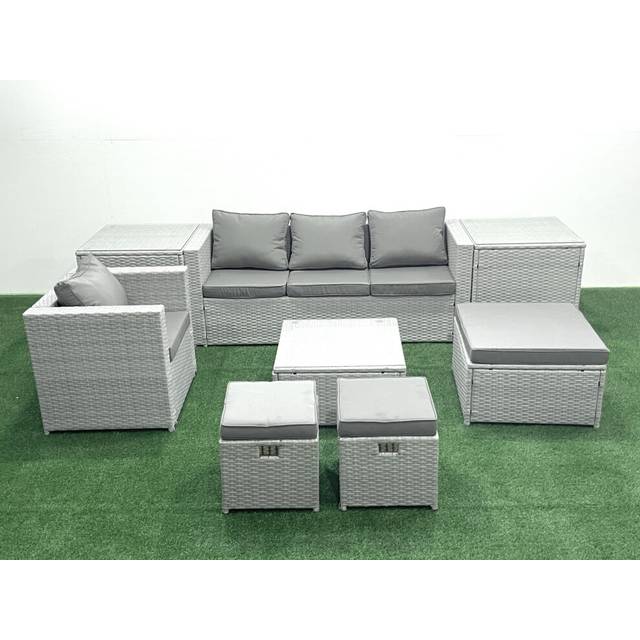 Fimous Garden Outdoor Furniture Set 7 Seater Rattan Sofa Set with 3 Footstools Armchair 2 Side Tables Light Grey Mixed